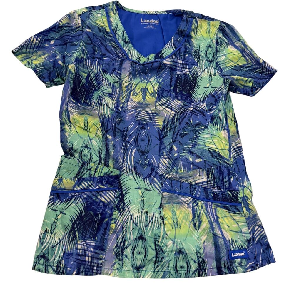 Landau womens crub top colorful blue green abstract pattern sz XS nurse medical